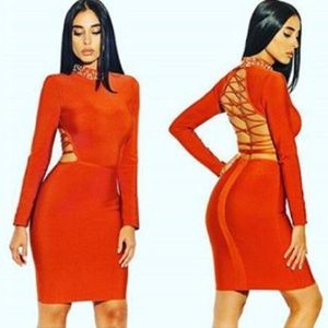 Sexy lace up back orange bandage dress